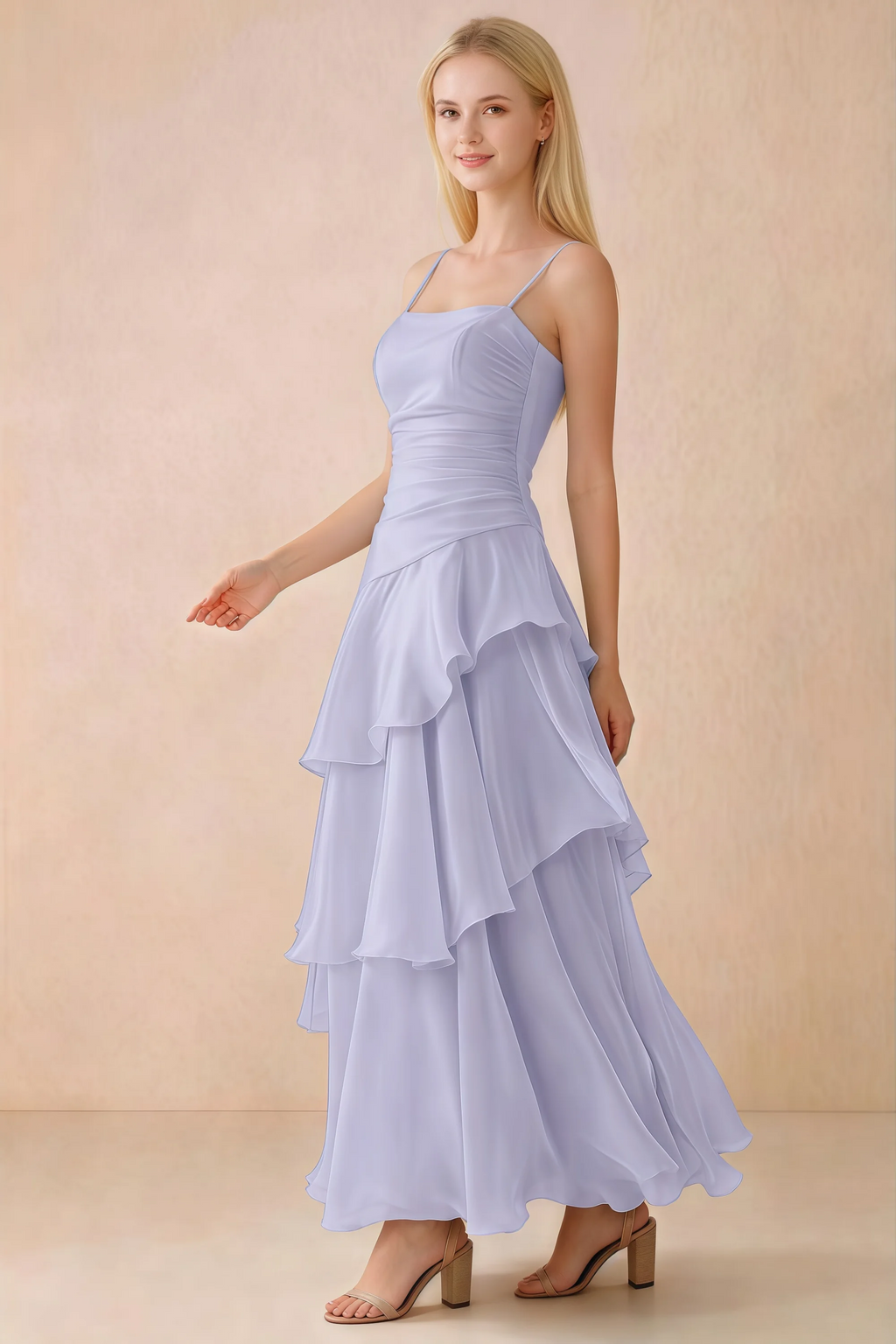 Side view of Ava lavender maxi dress showing the fitted waist and flared ruffle skirt