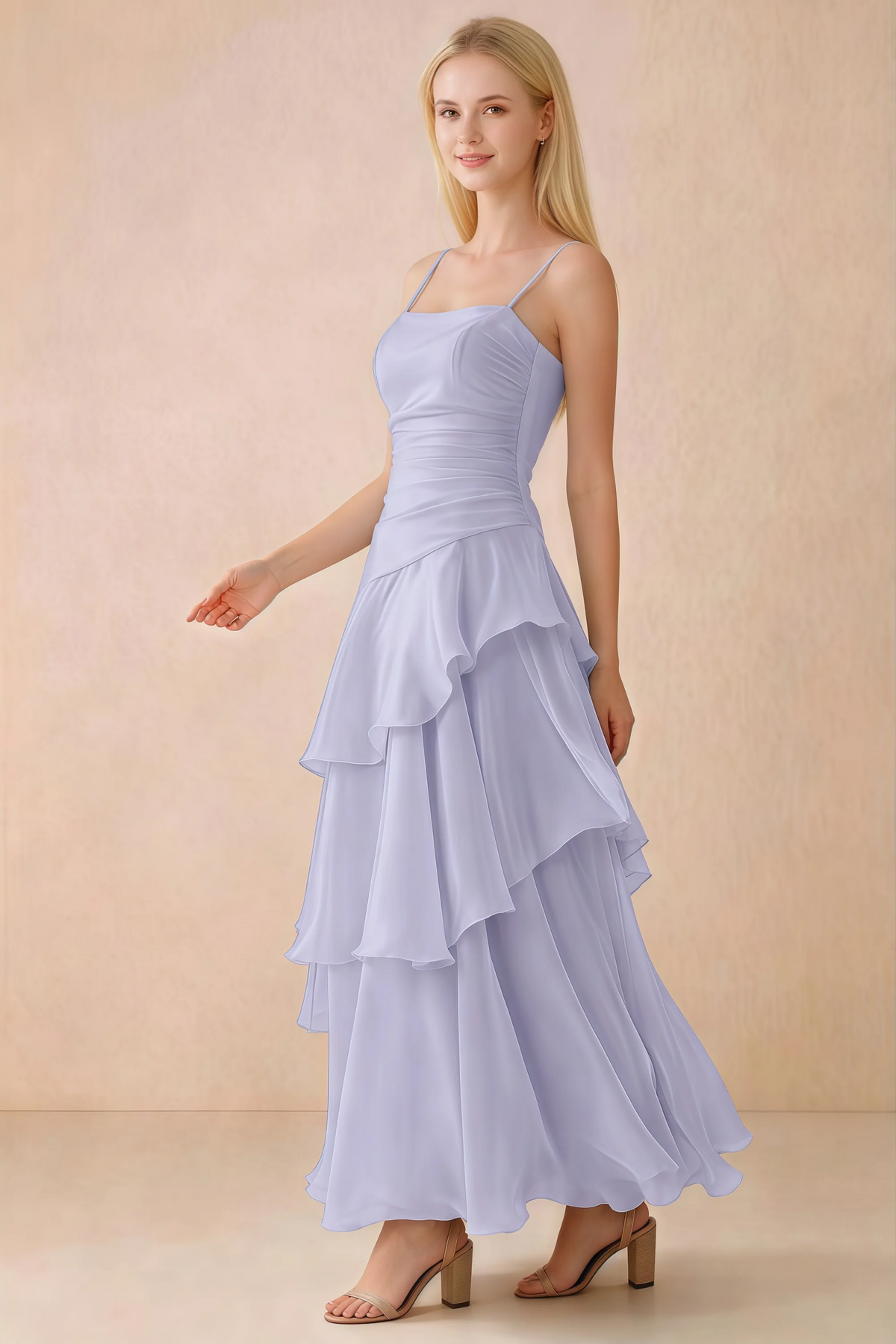 Side view of Ava lavender maxi dress showing the fitted waist and flared ruffle skirt