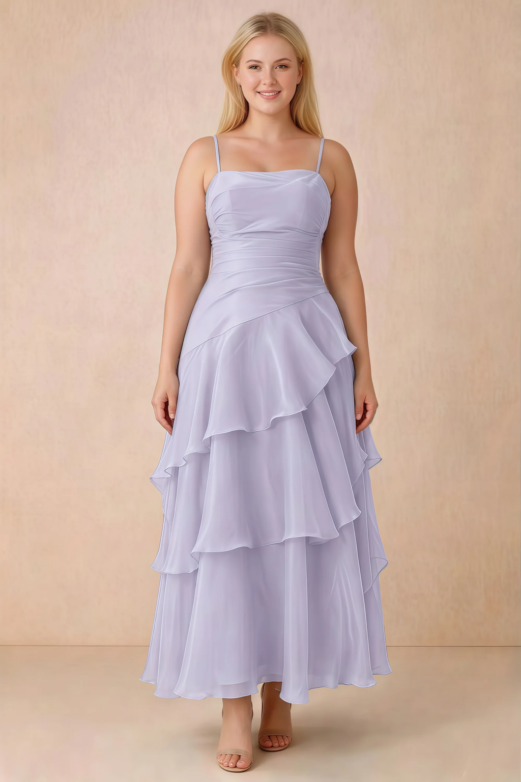 Front studio view of Ava lavender ruffle dress with a straight neckline and gathered waist