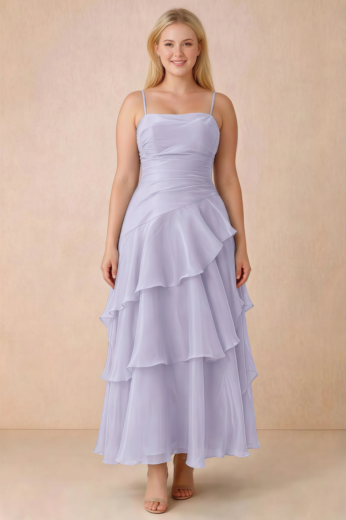 Front studio view of Ava lavender ruffle dress with a straight neckline and gathered waist