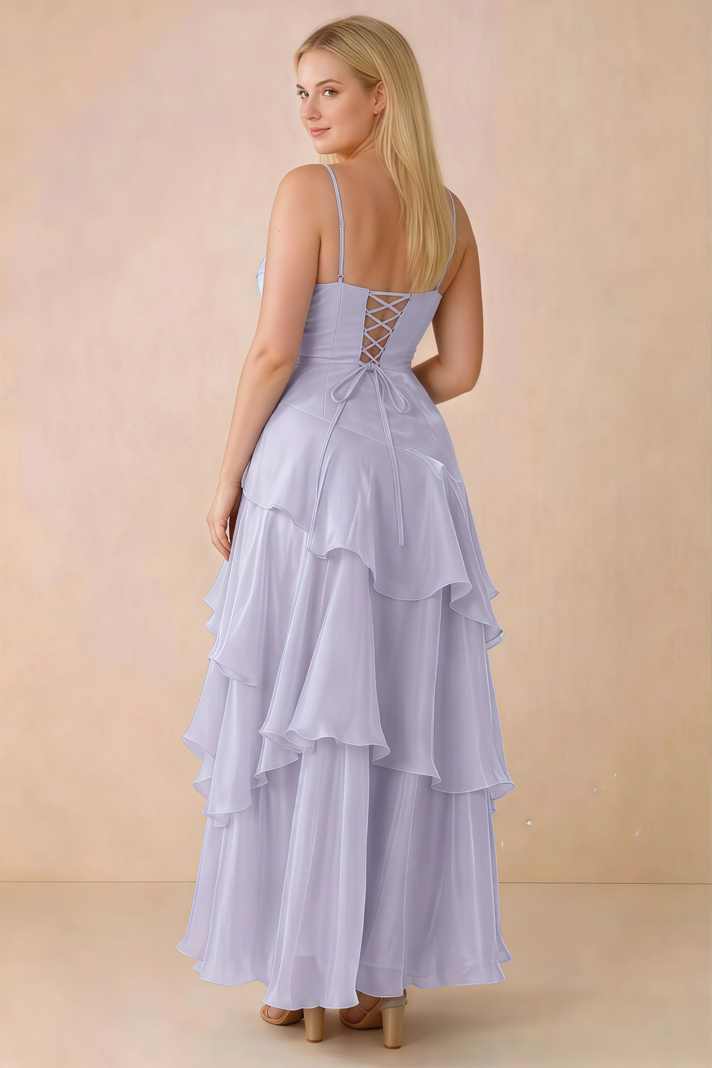 Rear studio view of Ava lavender maxi dress showing the lace-up bodice and long tiered skirt