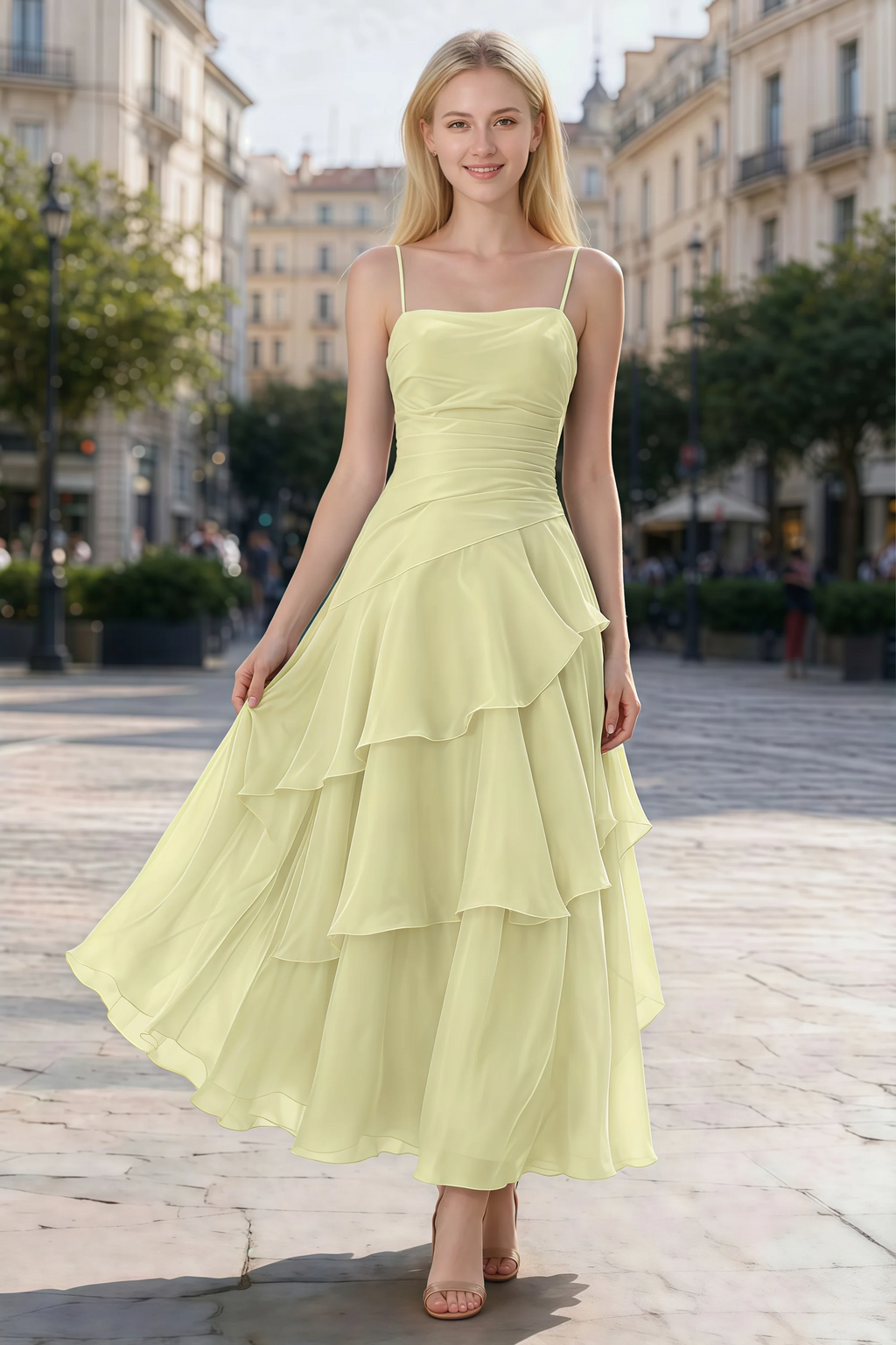 Ava lemon chiffon ruffle maxi dress shown from the front on a paved city walkway