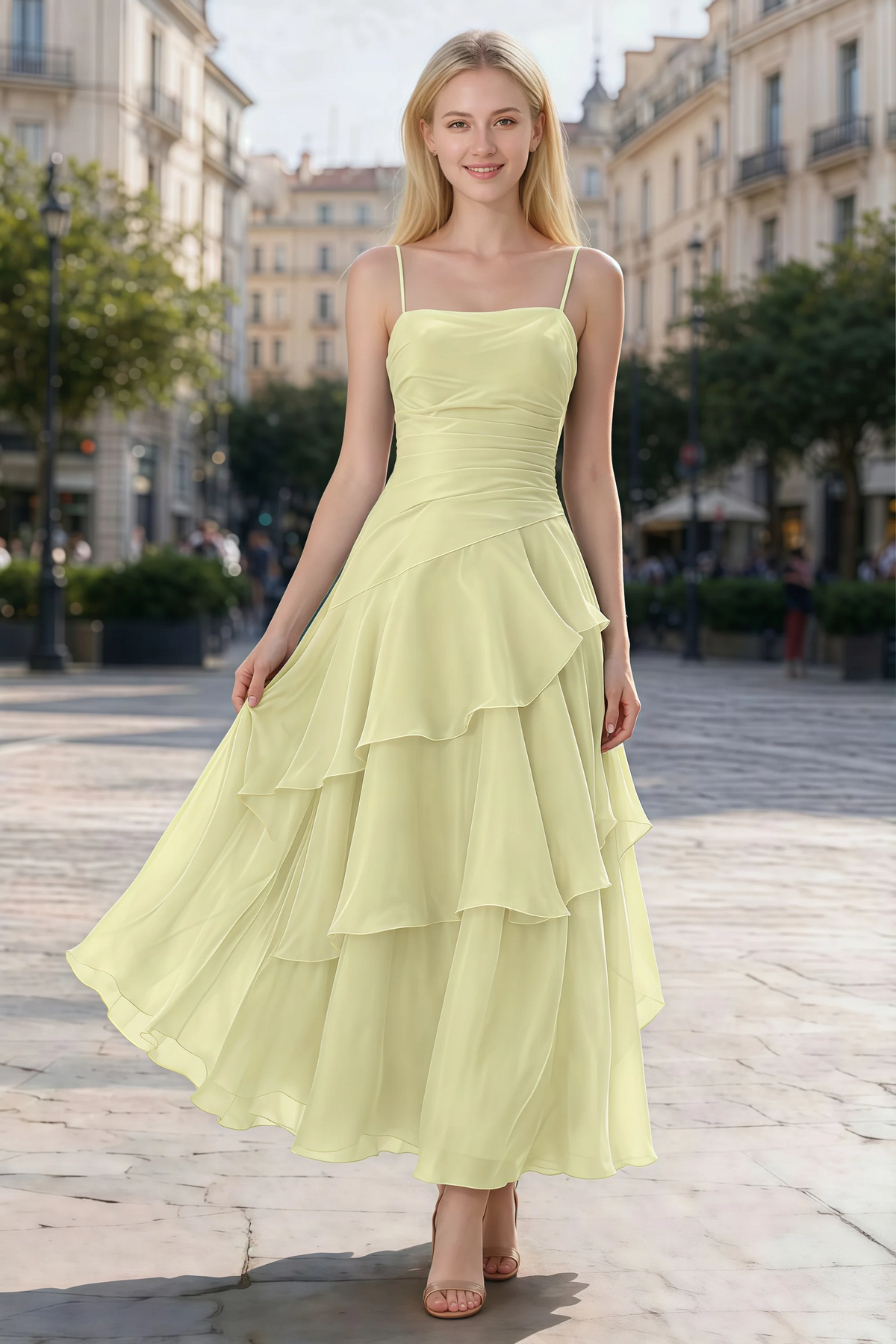 Ava lemon chiffon ruffle maxi dress shown from the front on a paved city walkway