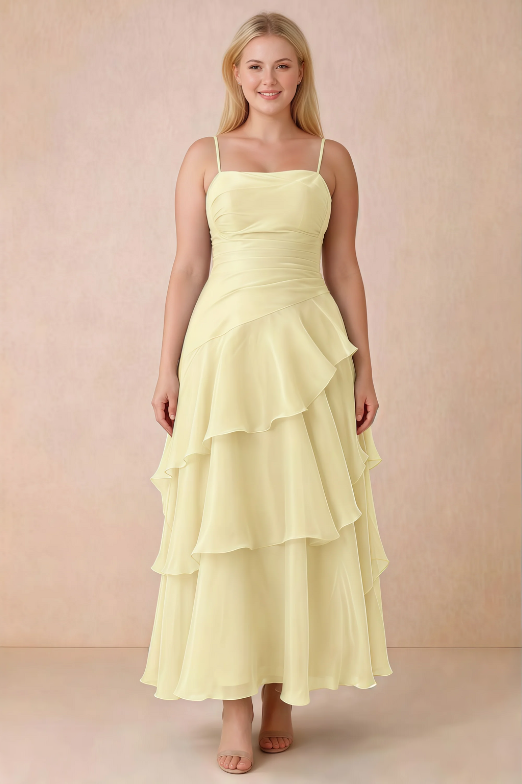 Front studio view of Ava lemon ruffle dress with a straight neckline and gathered waist
