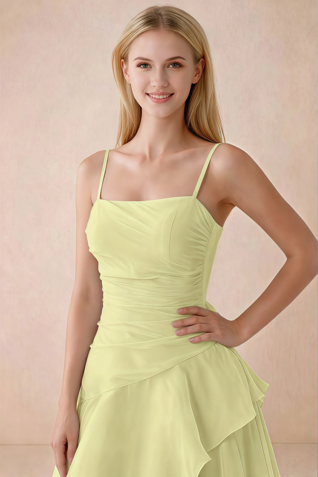 Close-up of Ava lemon straight neckline, spaghetti straps and softly pleated bodice