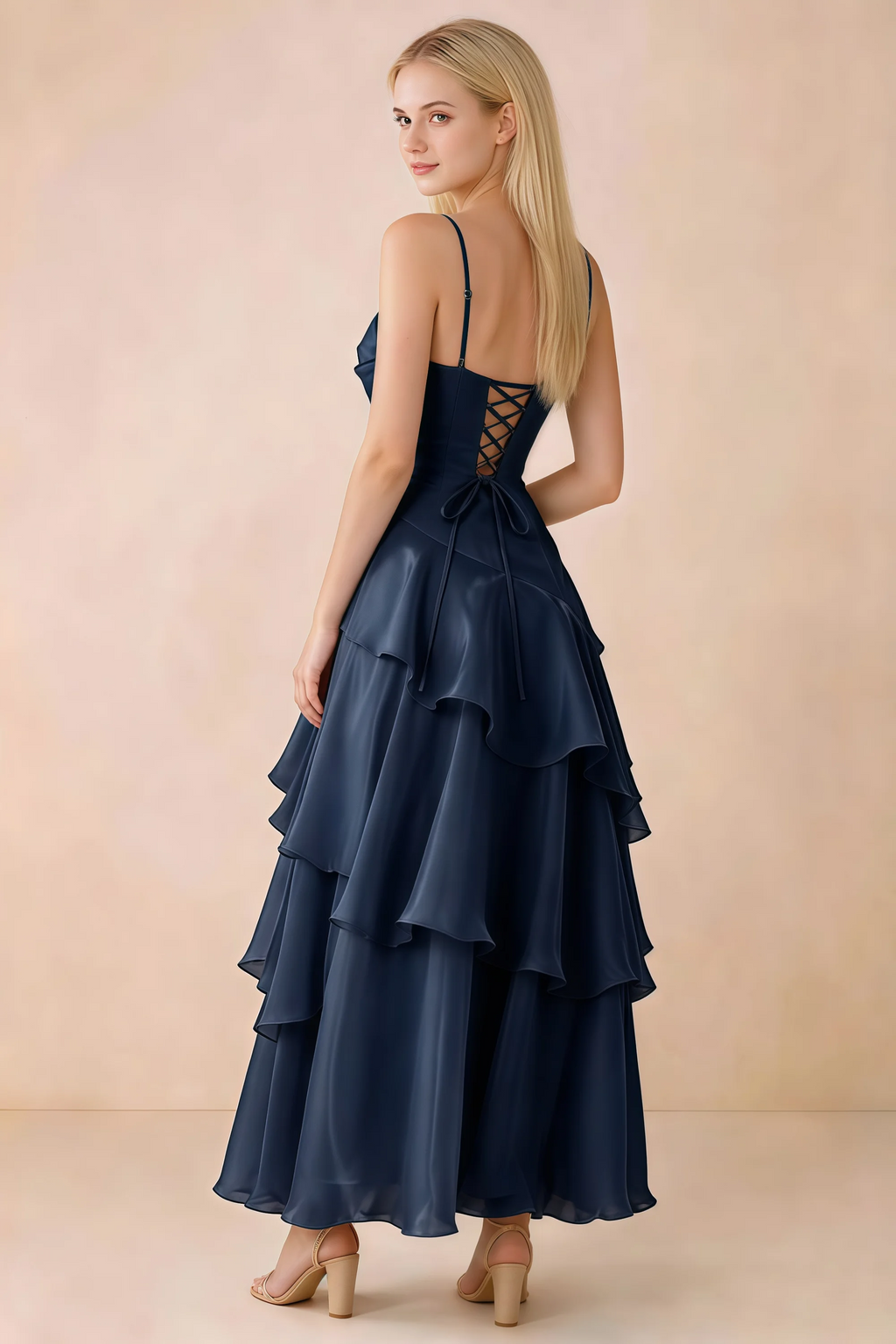 Back view of Ava navy tiered ruffle dress showing fine shoulder straps and crossed back lacing