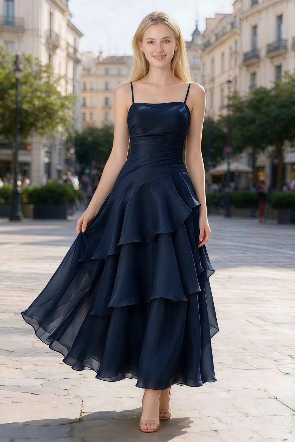 Ava navy chiffon ruffle maxi dress shown from the front on a paved city walkway