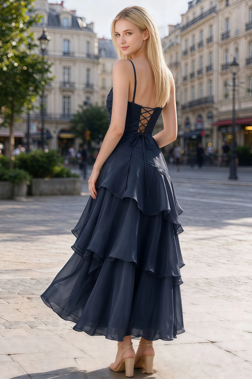 Rear outdoor view of Ava navy dress showing the lace-up back and layered skirt in motion