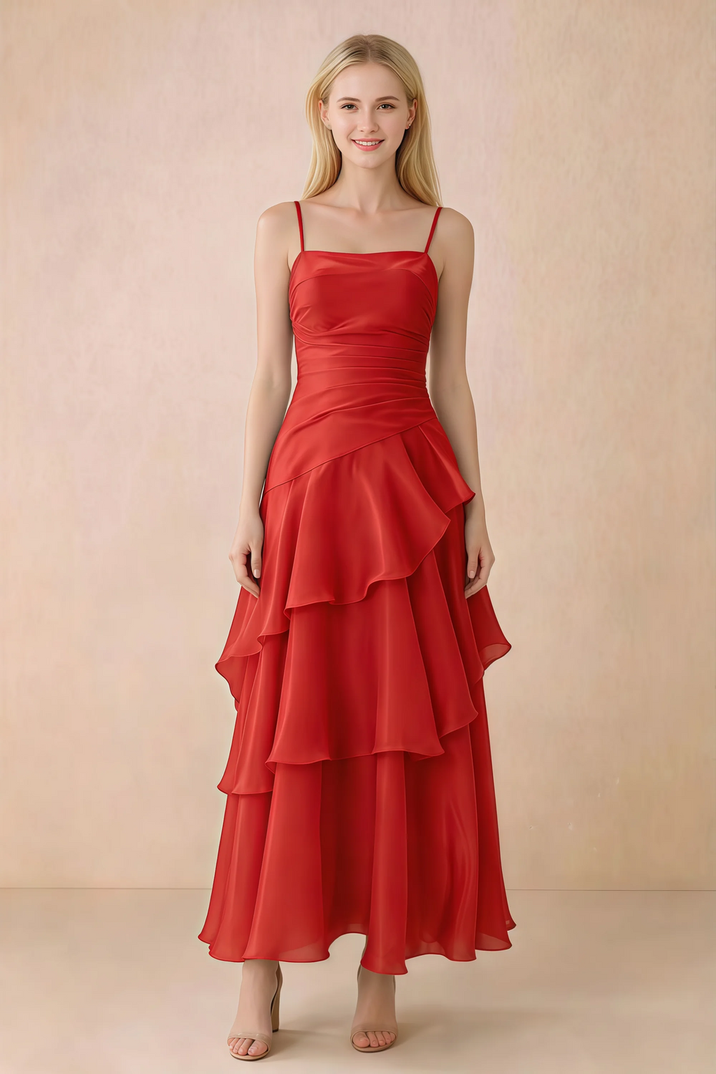 Front view of Ava red chiffon maxi dress with thin straps, a fitted bodice and cascading ruffle tiers