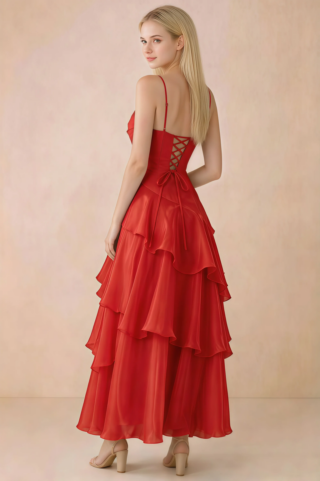 Back view of Ava red tiered ruffle dress showing fine shoulder straps and crossed back lacing