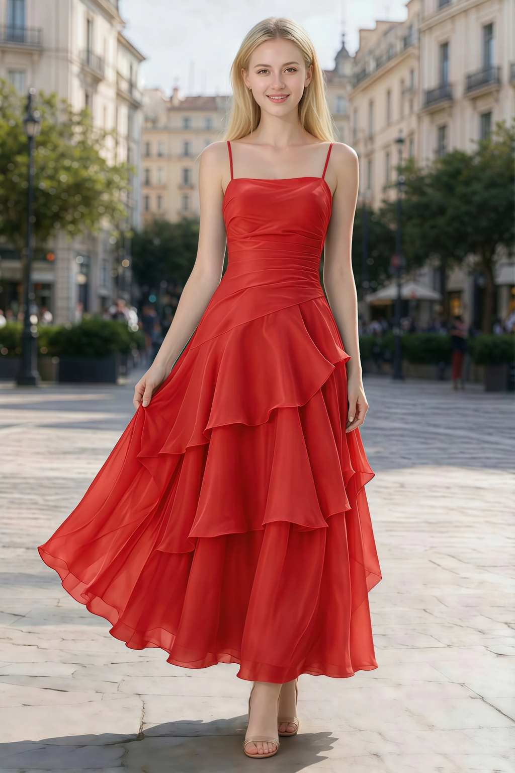 Ava red chiffon ruffle maxi dress shown from the front on a paved city walkway