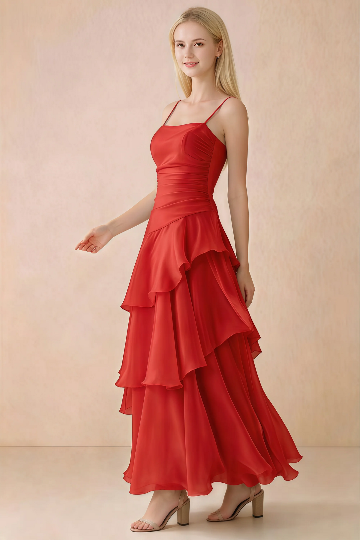 Side view of Ava red maxi dress showing the fitted waist and flared ruffle skirt