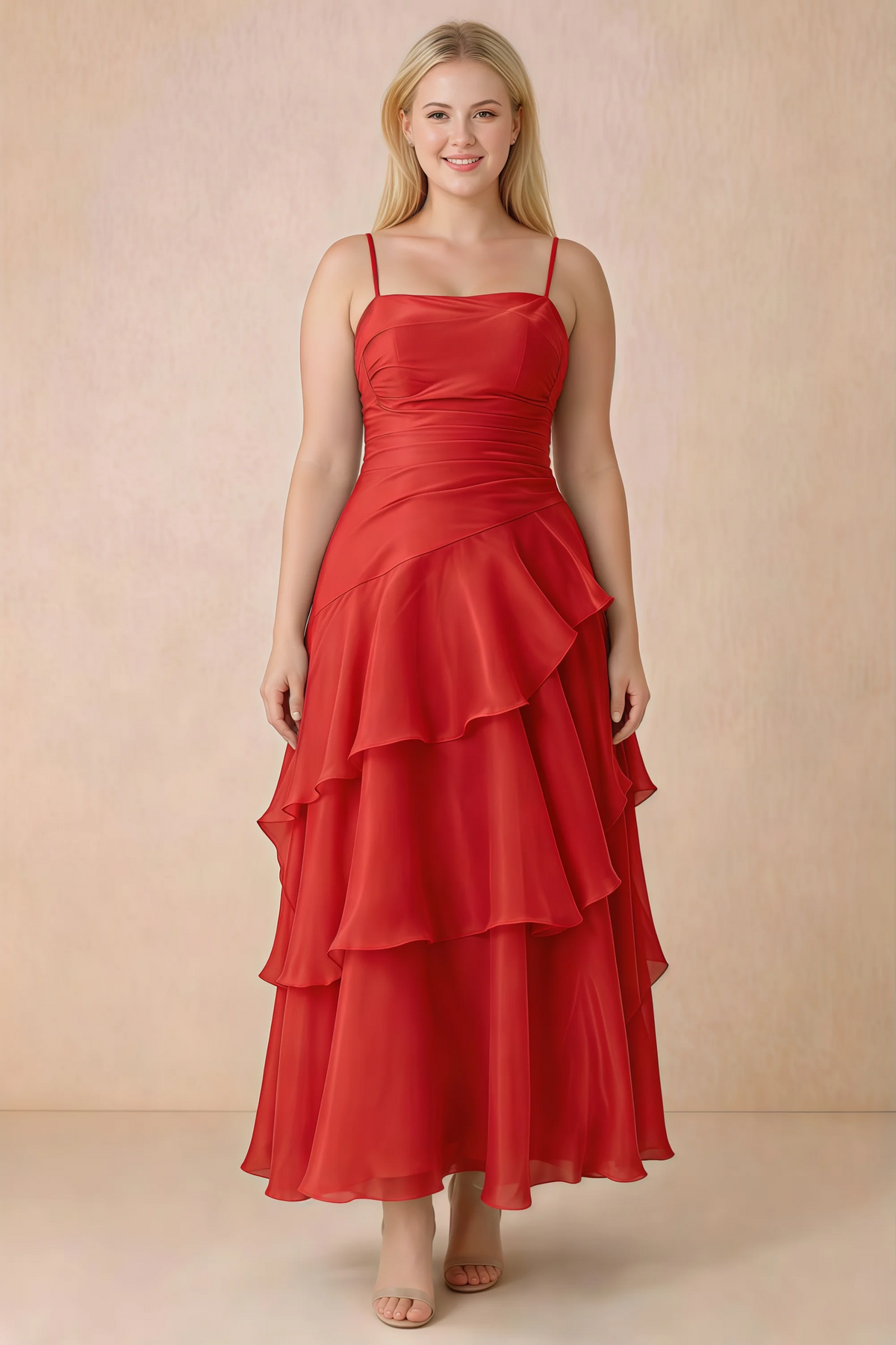 Front studio view of Ava red ruffle dress with a straight neckline and gathered waist