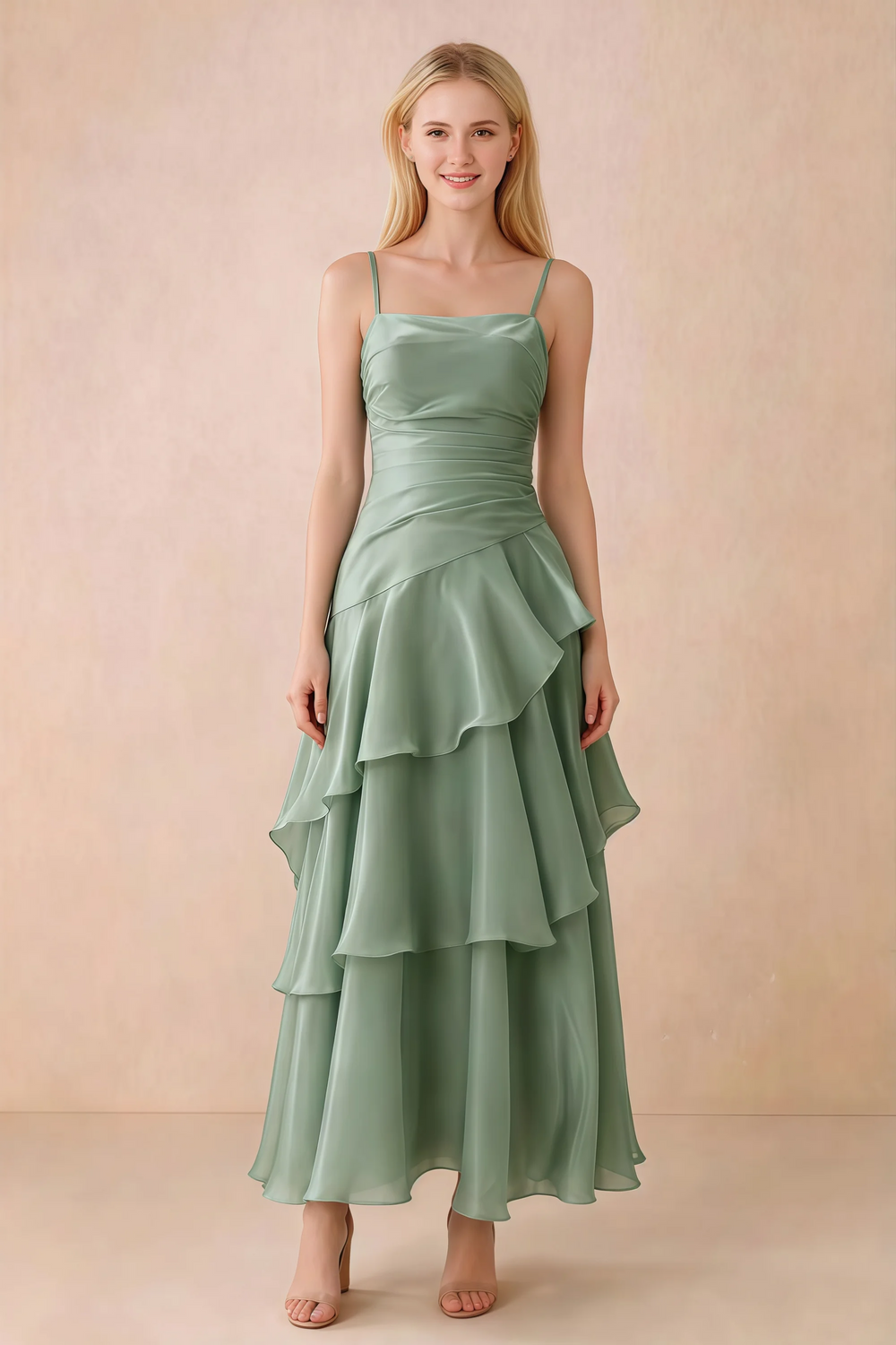 Translation missing: en.Front view of Ava sage green chiffon maxi dress with thin straps, a fitted bodice and cascading ruffle tiers content.product_image_main