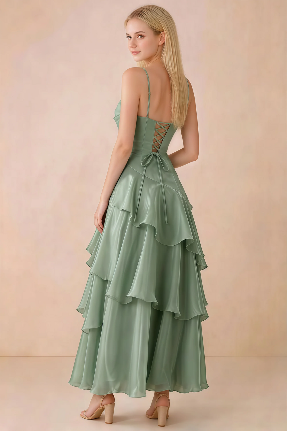 Translation missing: en.Back view of Ava sage green tiered ruffle dress showing fine shoulder straps and crossed back lacing content.product_image_secondary