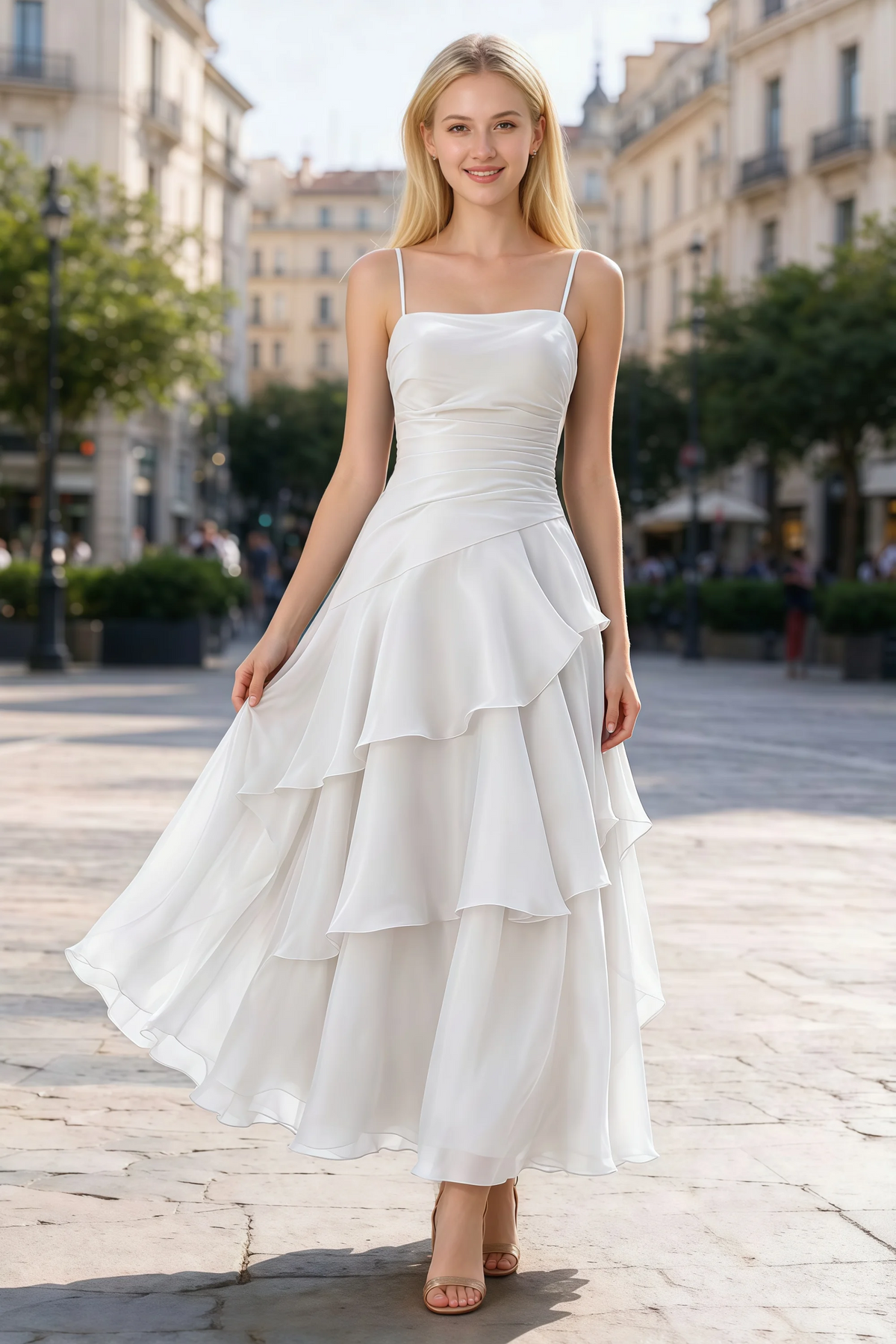 Ava white chiffon ruffle maxi dress shown from the front on a paved city walkway