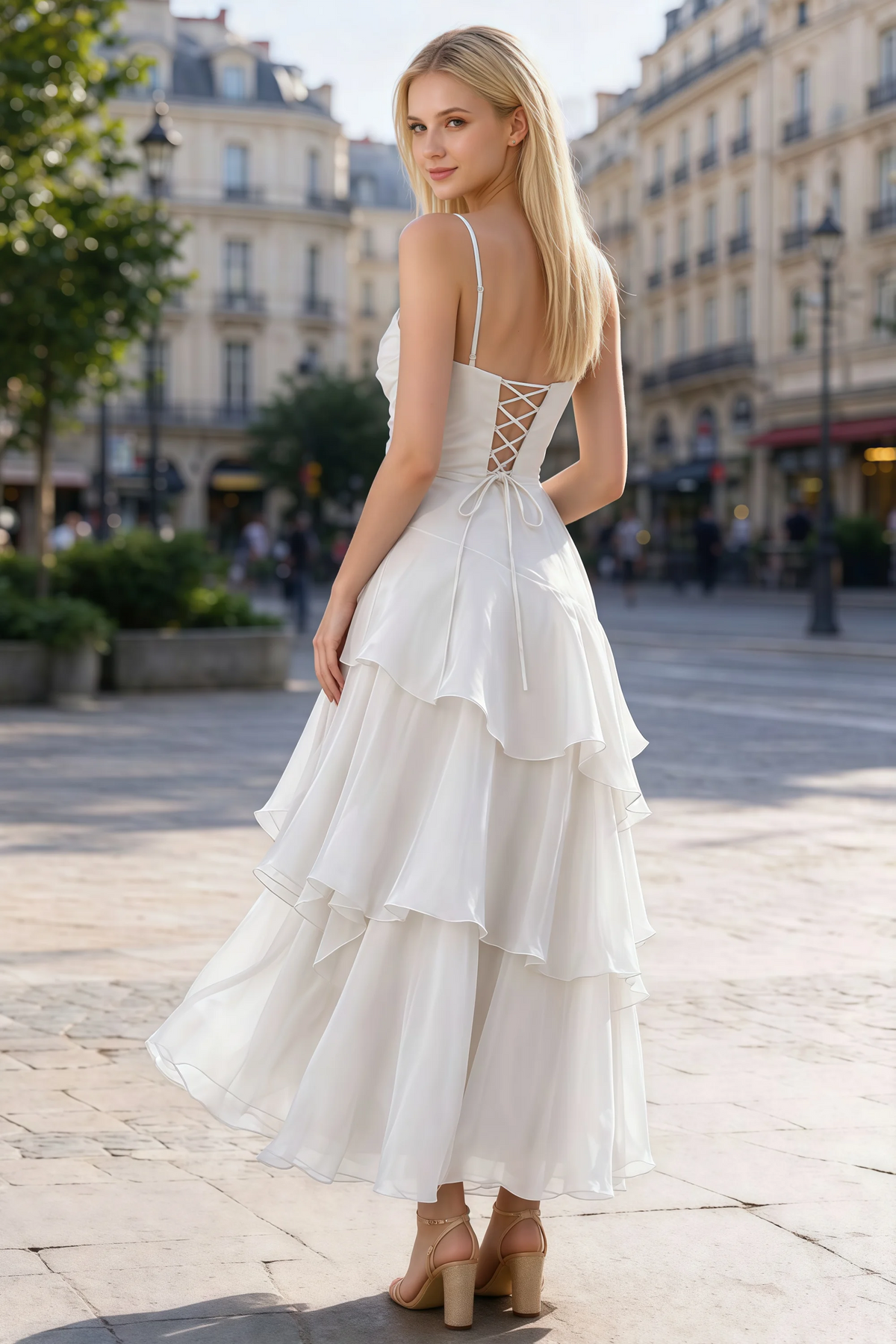Rear outdoor view of Ava white dress showing the lace-up back and layered skirt in motion