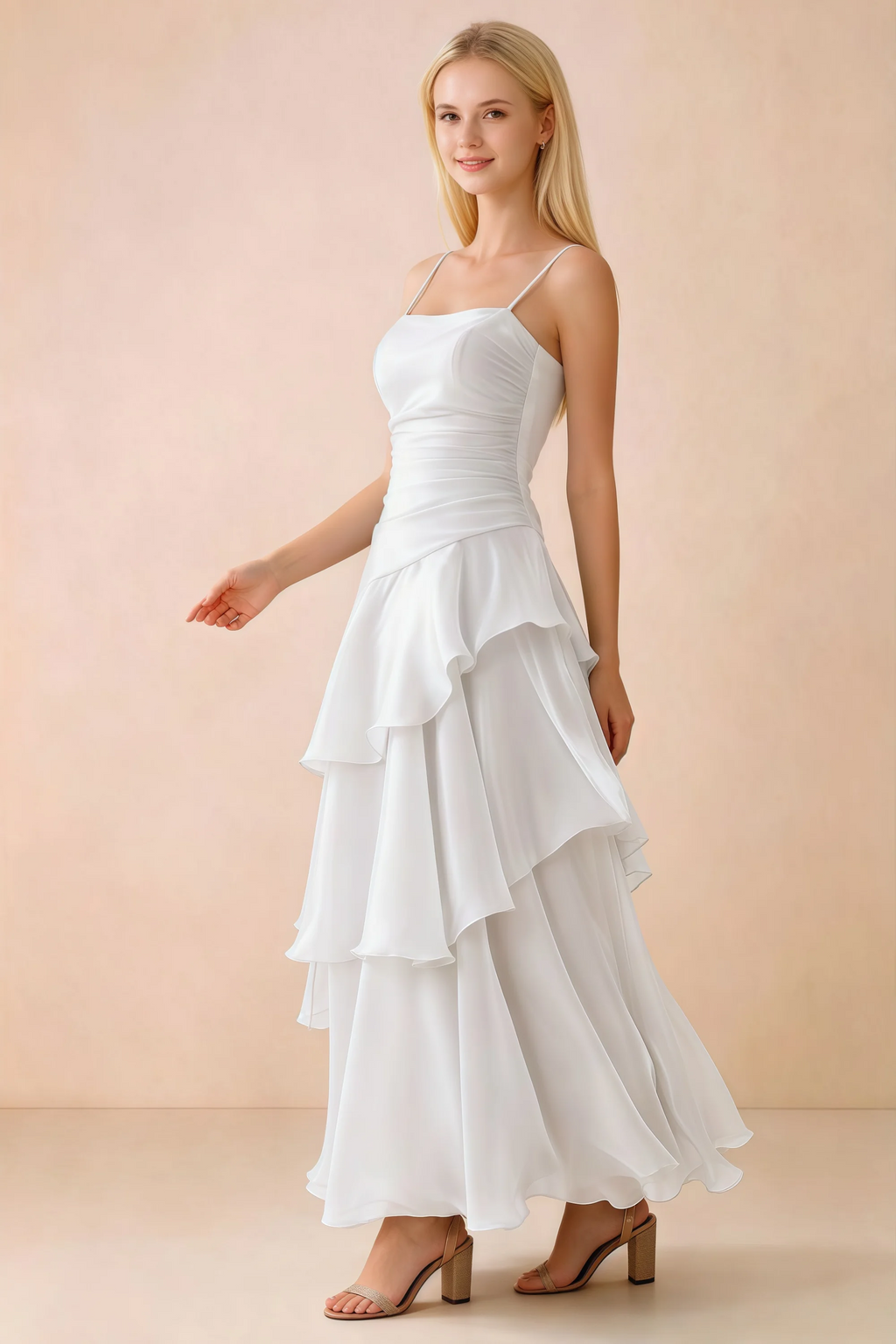 Side view of Ava white maxi dress showing the fitted waist and flared ruffle skirt