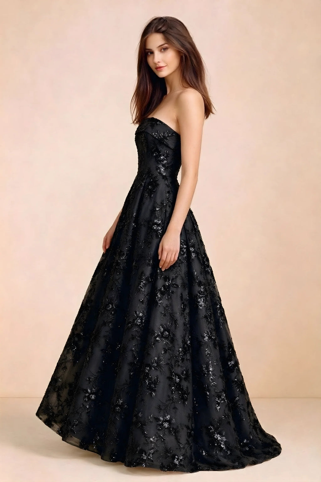 Side view of Avis black sequin maxi dress showing the fitted bodice and flared A-line silhouette