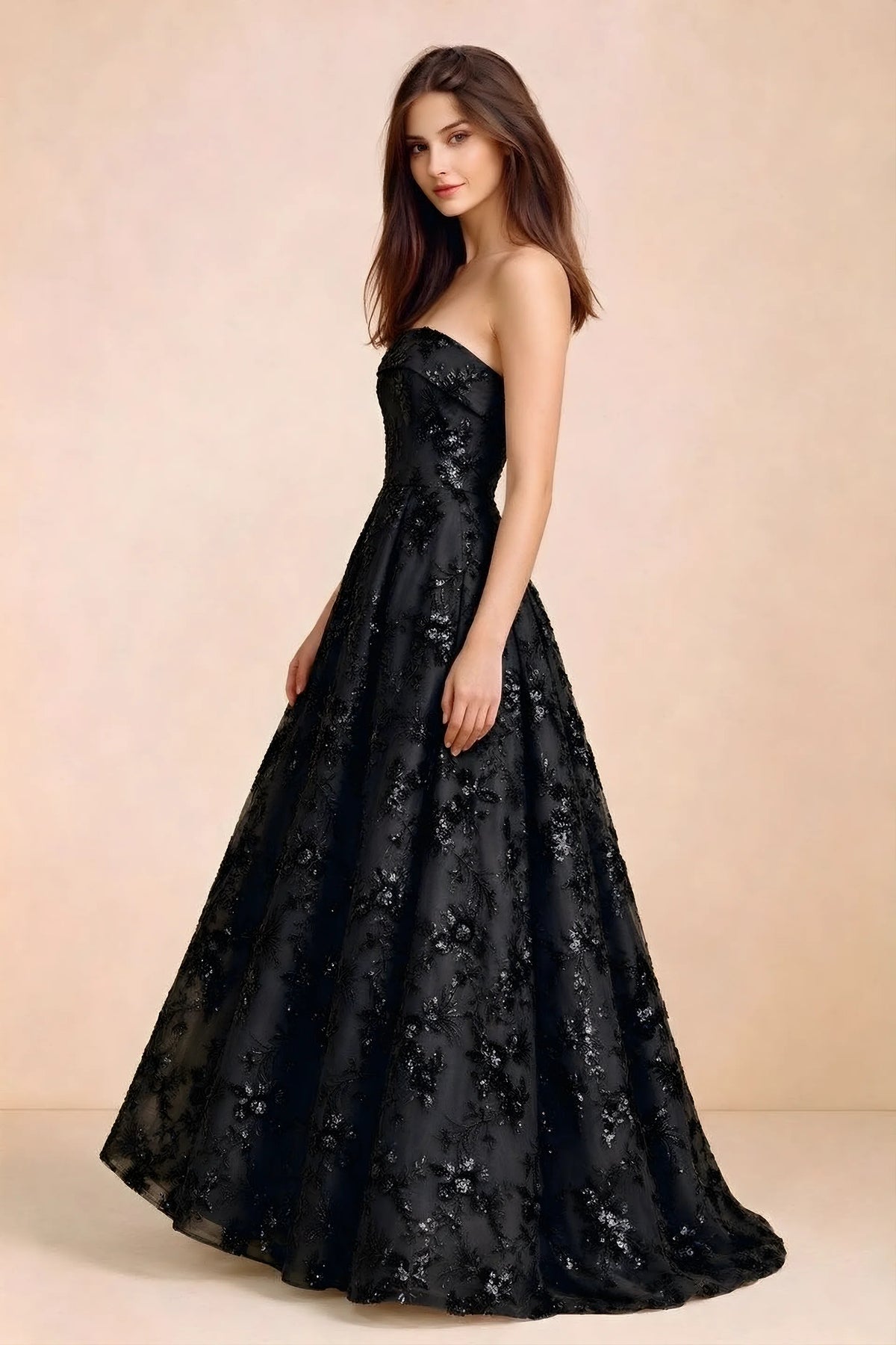 Side view of Avis black sequin maxi dress showing the fitted bodice and flared A-line silhouette