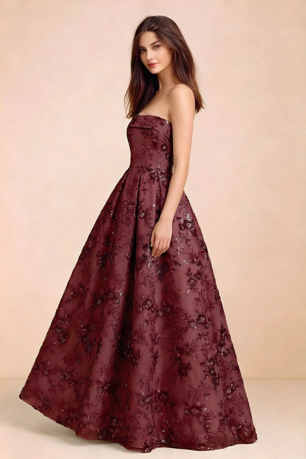 Side view of Avis burgundy sequin maxi dress showing the fitted bodice and flared A-line silhouette