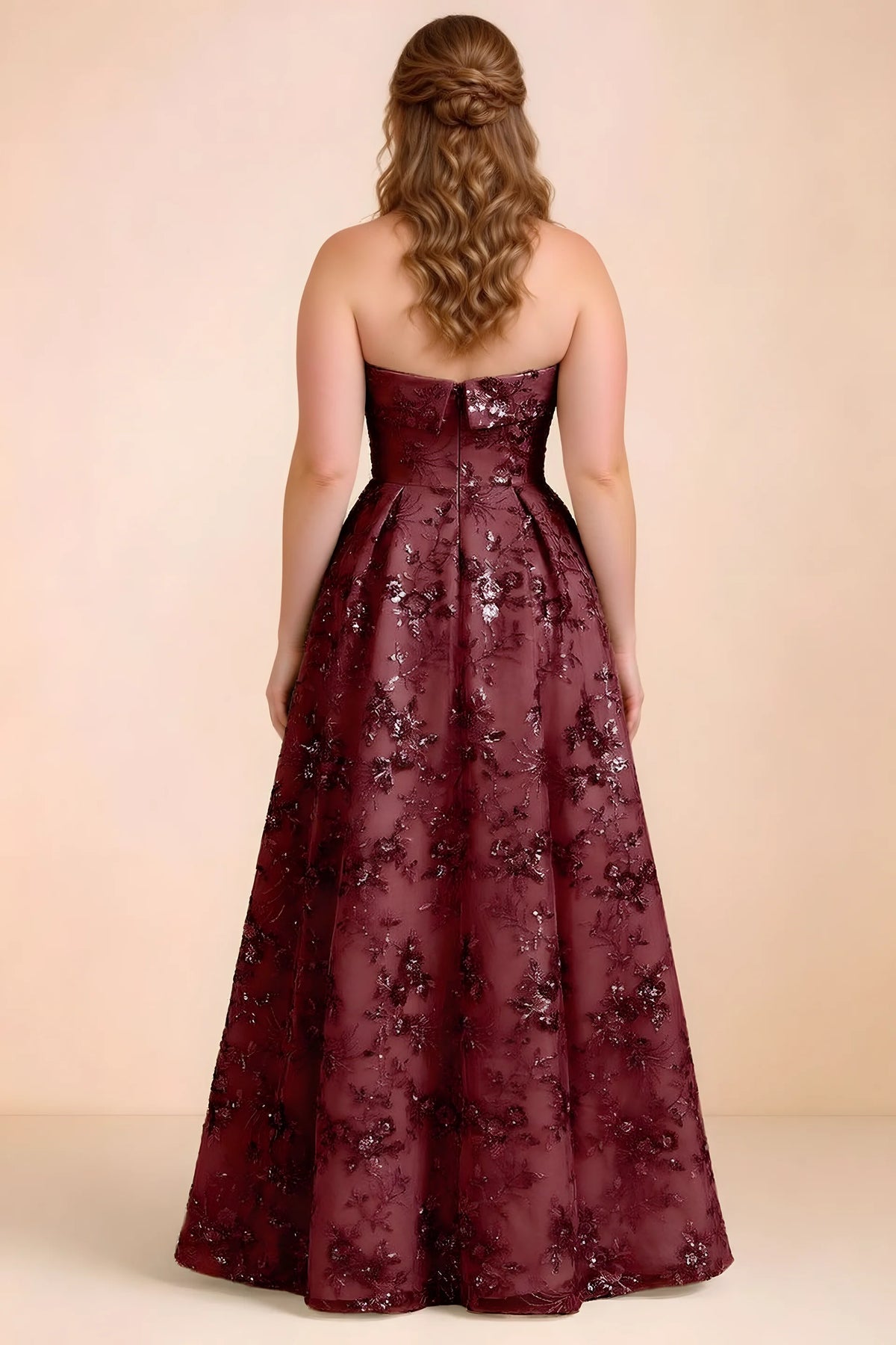 Rear studio view of Avis burgundy floral sequin dress showing the bodice and flowing A-line hem