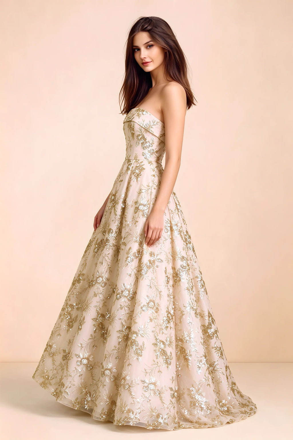 Side view of Avis champagne sequin maxi dress showing the fitted bodice and flared A-line silhouette