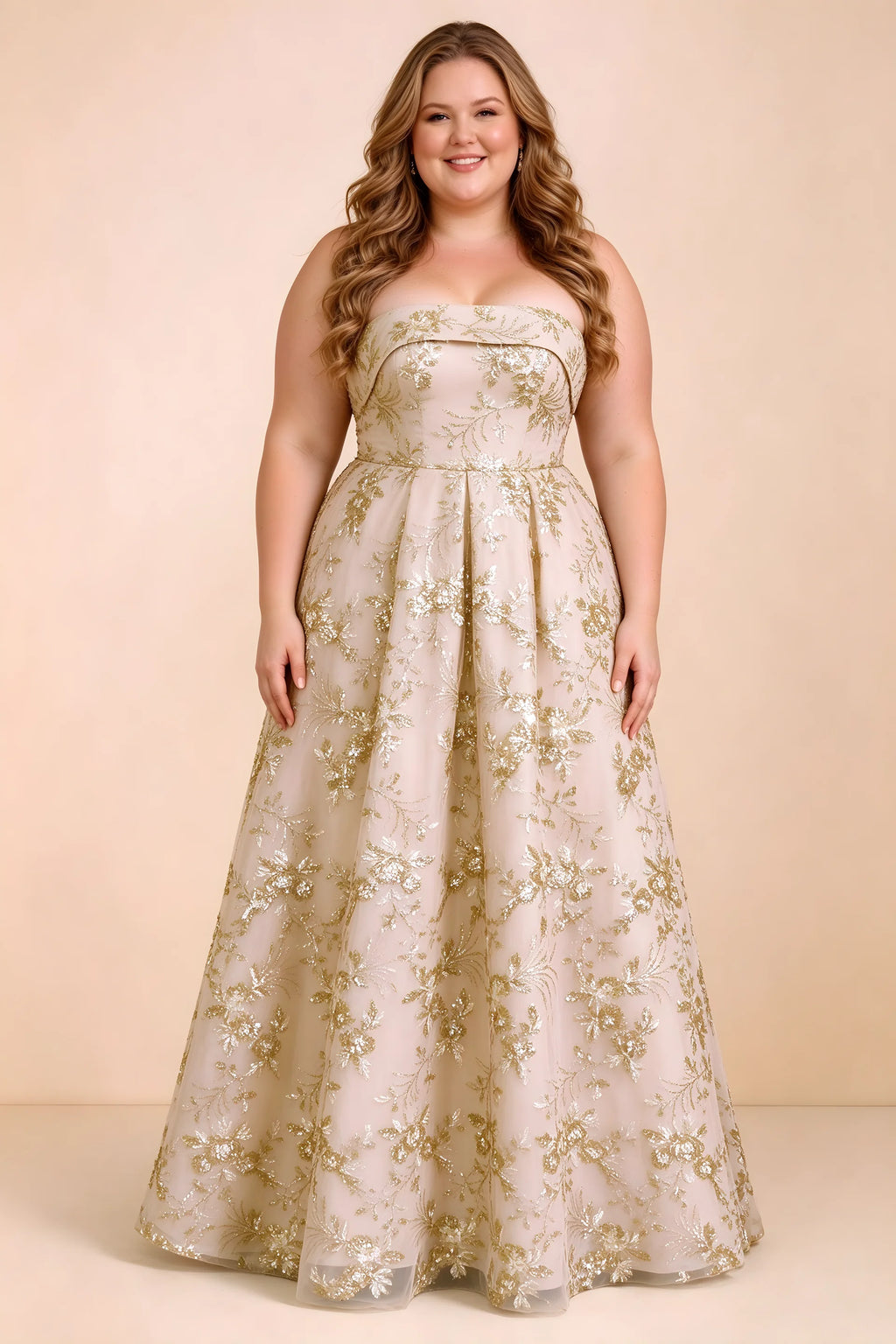 Front studio view of Avis champagne strapless sequin dress with a defined waist and full skirt