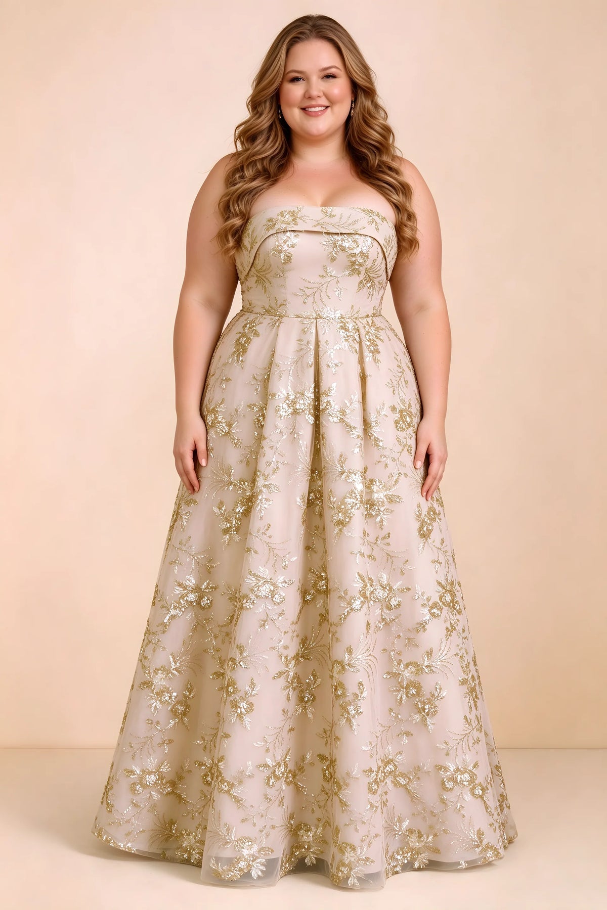 Front studio view of Avis champagne strapless sequin dress with a defined waist and full skirt