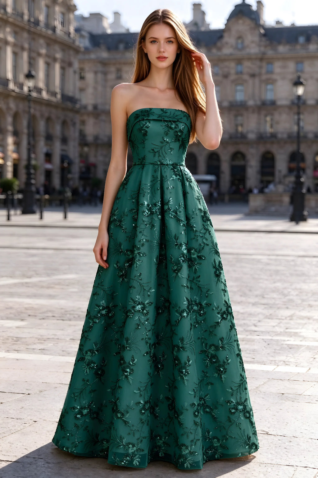 Avis emerald green floral sequin A-line maxi dress shown from the front in a stone courtyard