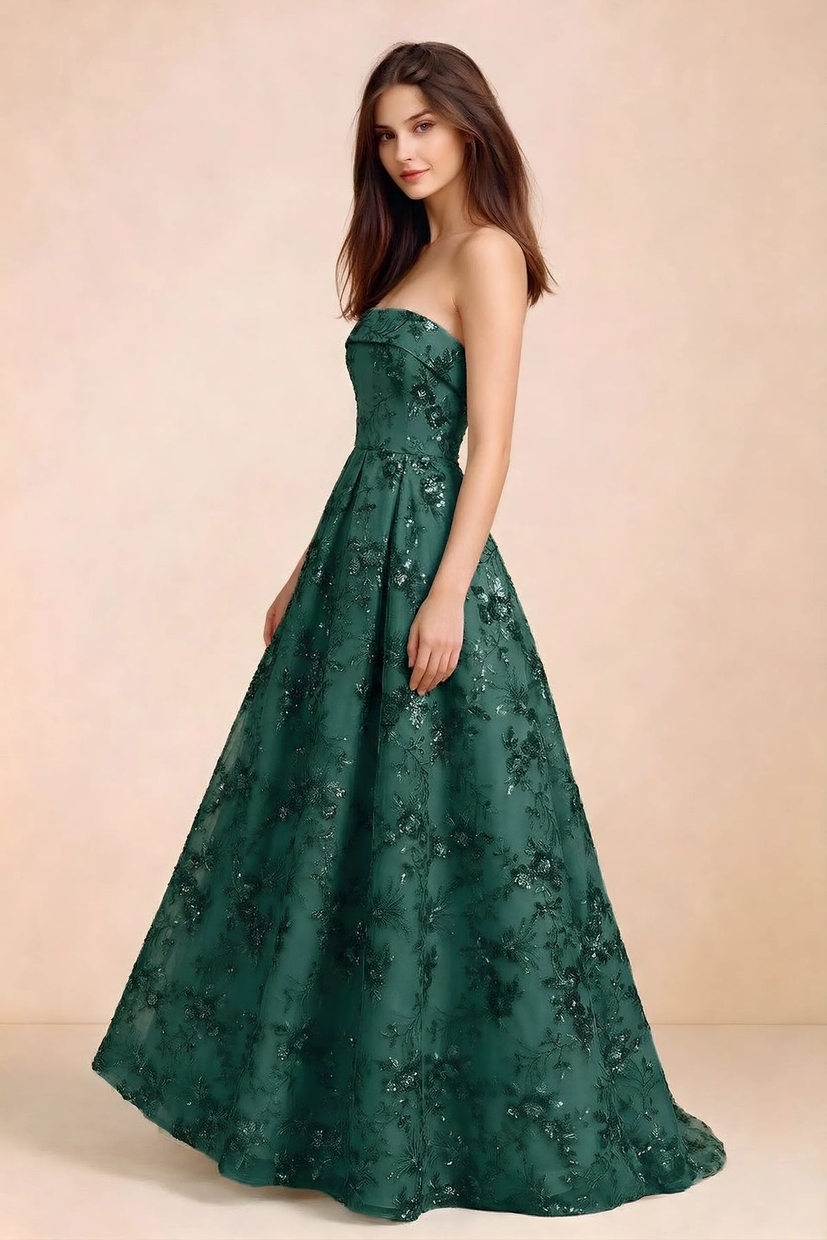 Side view of Avis emerald green sequin maxi dress showing the fitted bodice and flared A-line silhouette