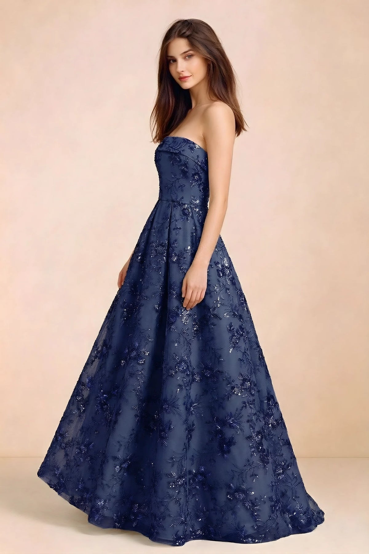 Side view of Avis navy sequin maxi dress showing the fitted bodice and flared A-line silhouette
