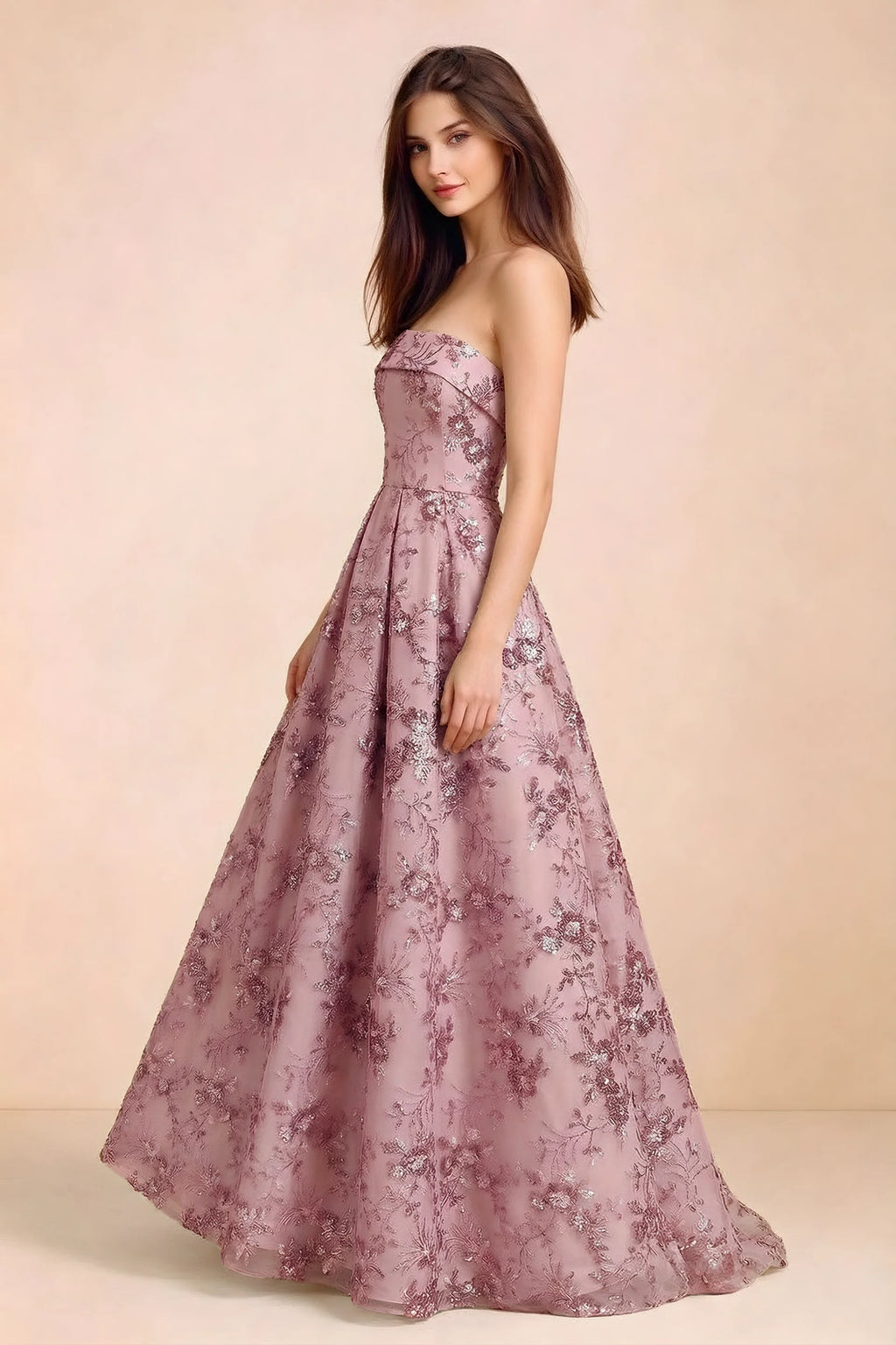 Side view of Avis pink sequin maxi dress showing the fitted bodice and flared A-line silhouette
