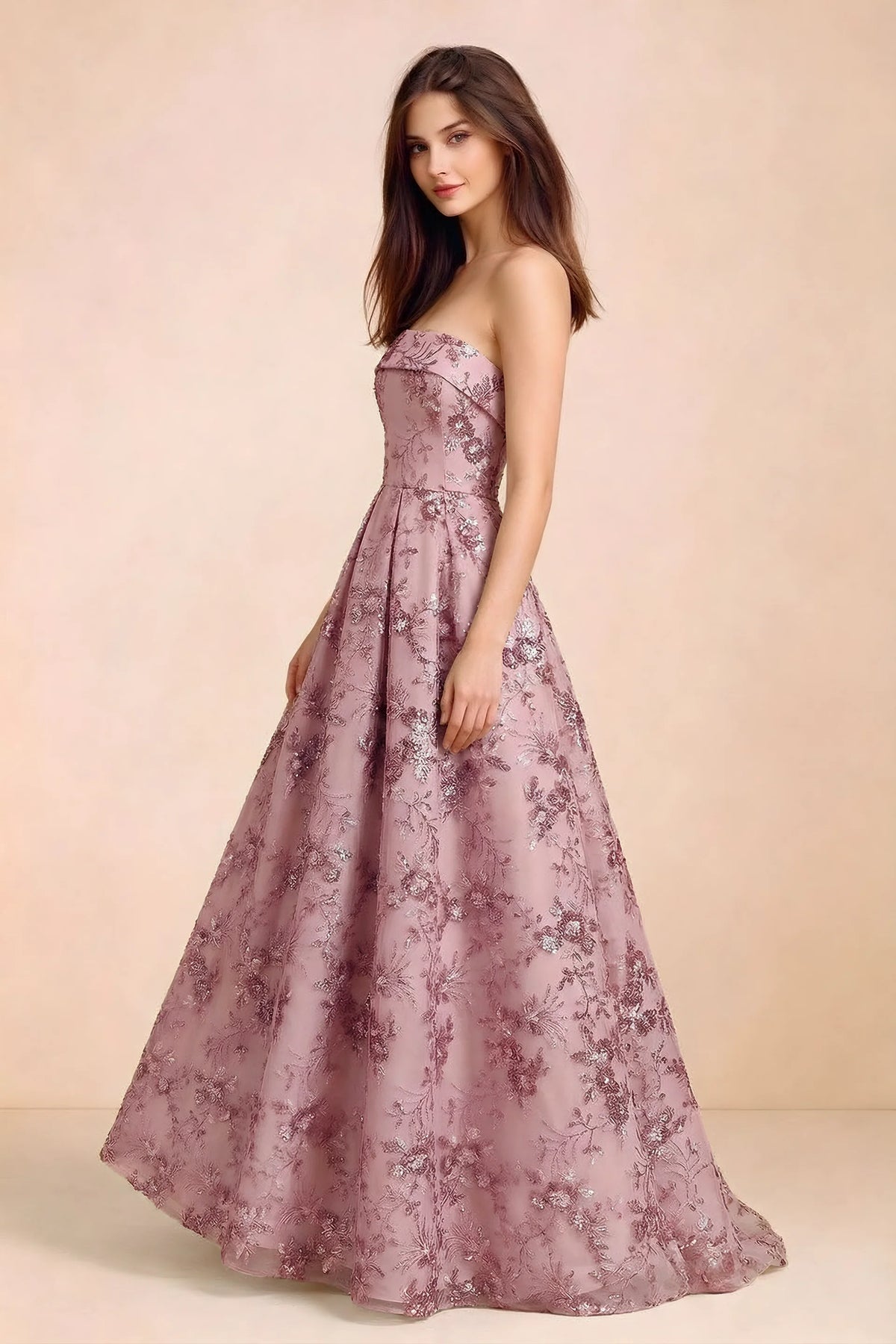 Side view of Avis pink sequin maxi dress showing the fitted bodice and flared A-line silhouette