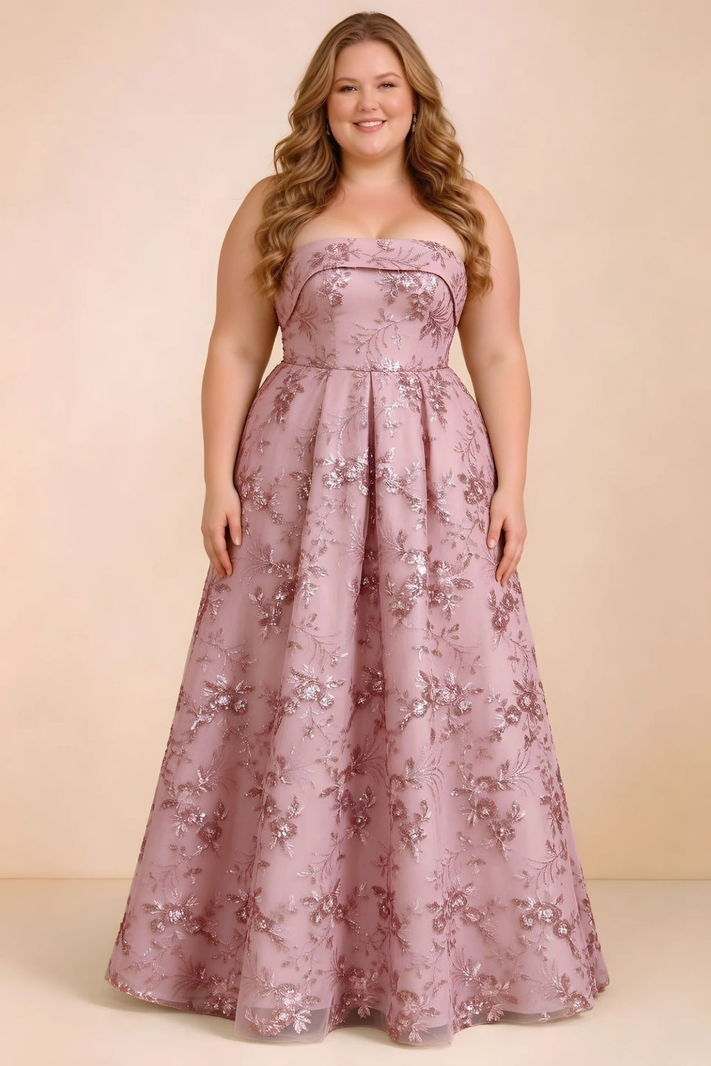 Front studio view of Avis pink strapless sequin dress with a defined waist and full skirt