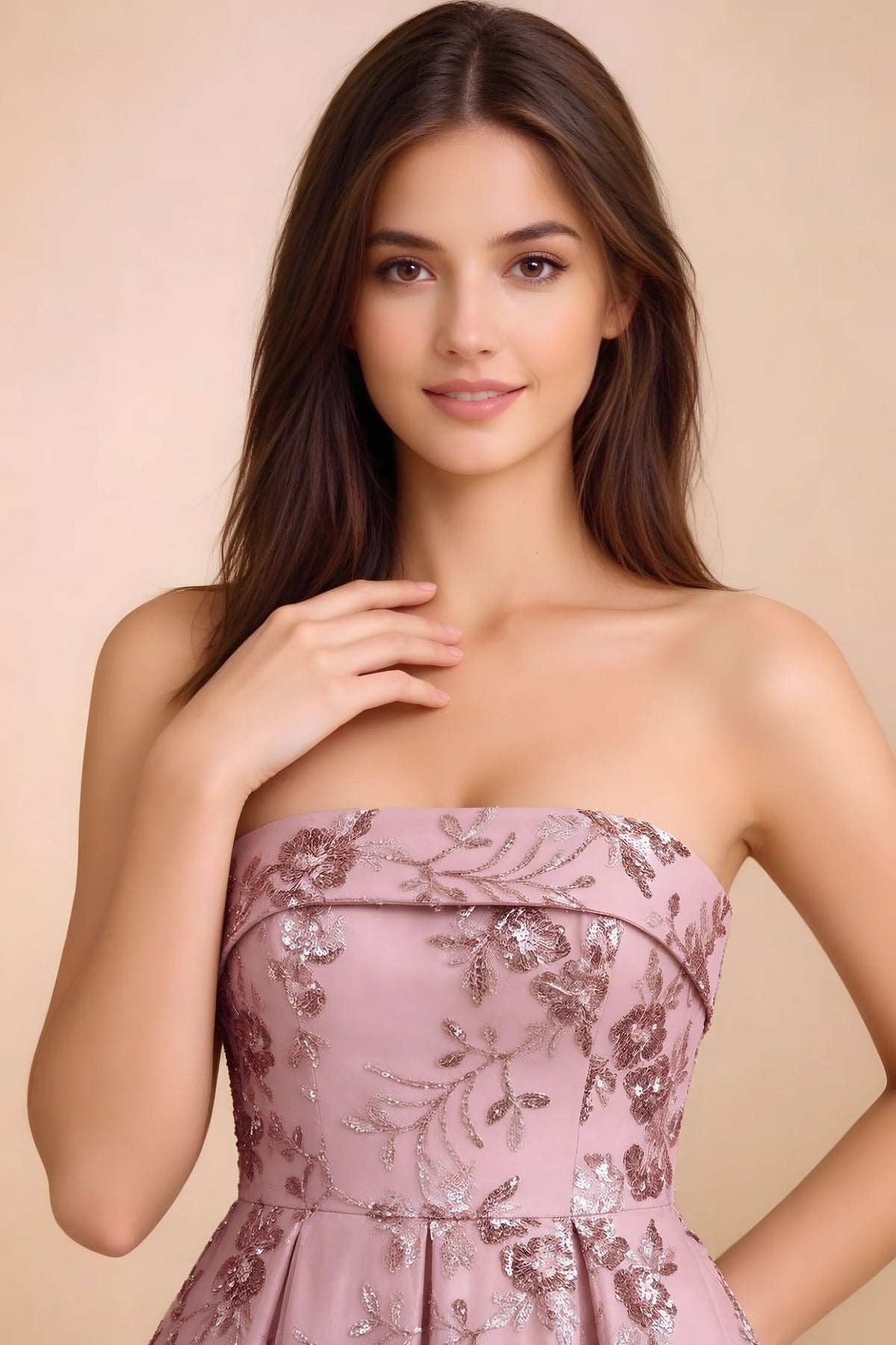 Close-up of Avis pink straight strapless neckline and floral sequin detailing