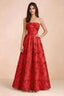 Front view of Avis red floral sequin strapless maxi dress with a fitted waist and full A-line skirt