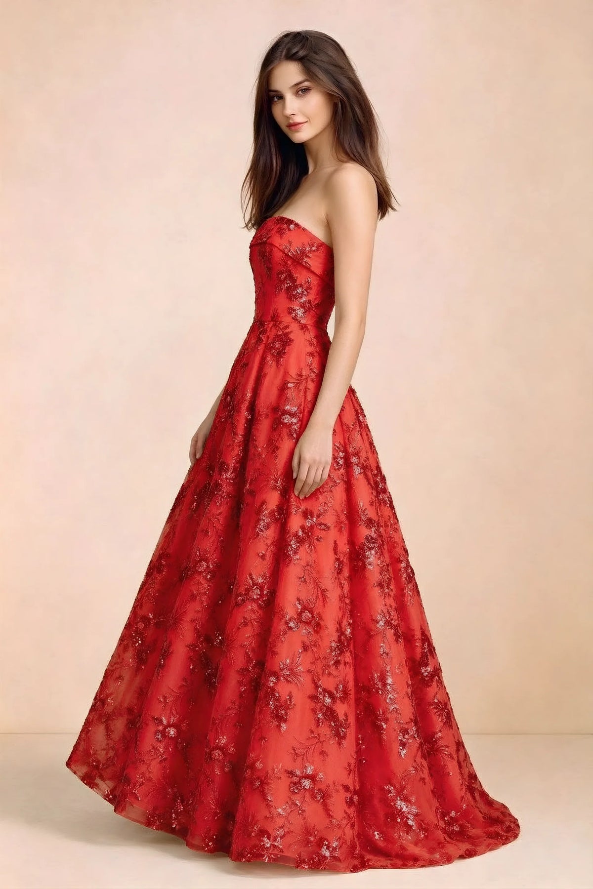 Side view of Avis red sequin maxi dress showing the fitted bodice and flared A-line silhouette