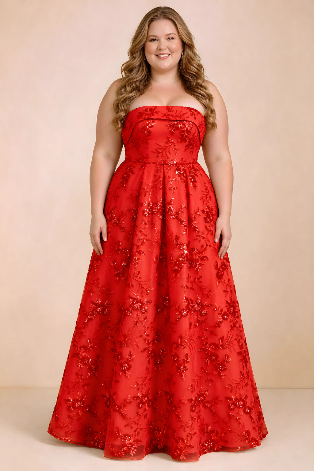 Front studio view of Avis red strapless sequin dress with a defined waist and full skirt