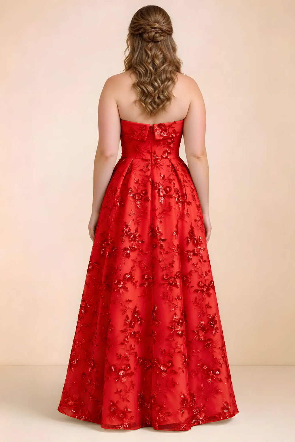 Rear studio view of Avis red floral sequin dress showing the bodice and flowing A-line hem