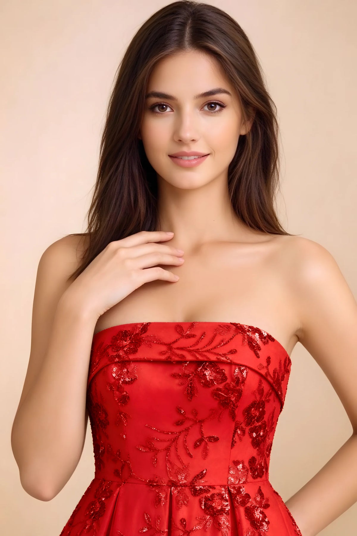 Close-up of Avis red straight strapless neckline and floral sequin detailing