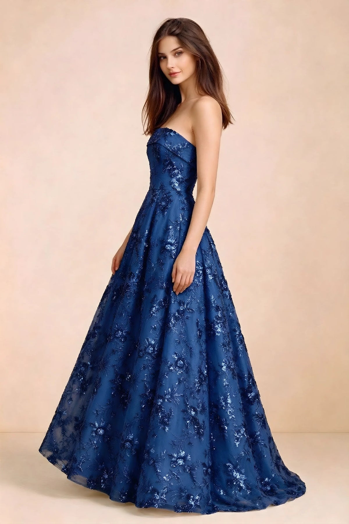 Side view of Avis royal blue sequin maxi dress showing the fitted bodice and flared A-line silhouette