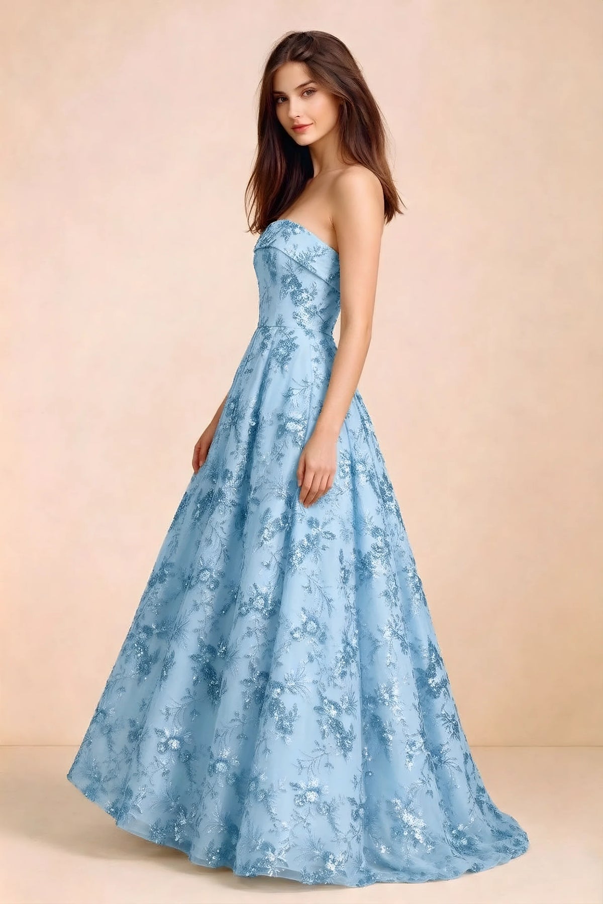 Side view of Avis sky blue sequin maxi dress showing the fitted bodice and flared A-line silhouette