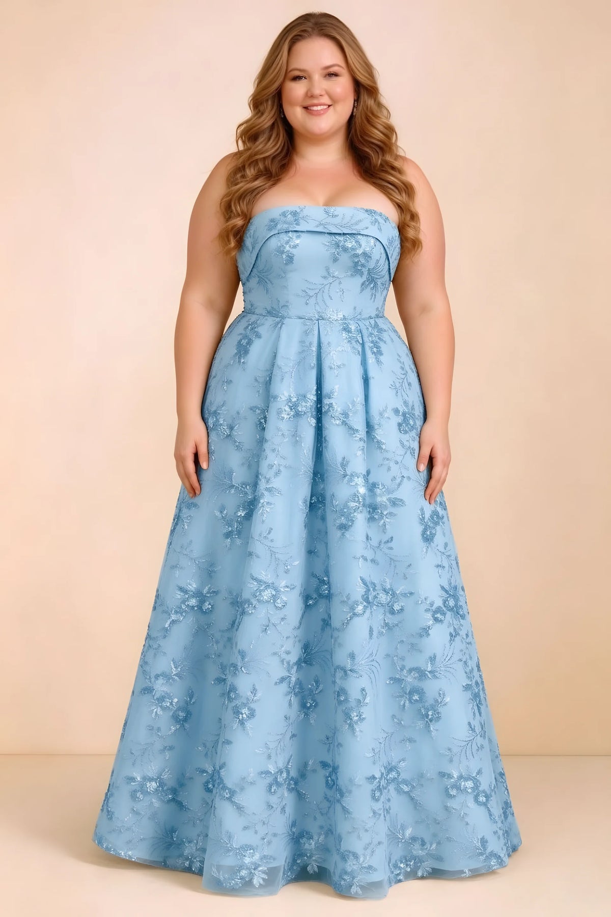 Front studio view of Avis sky blue strapless sequin dress with a defined waist and full skirt