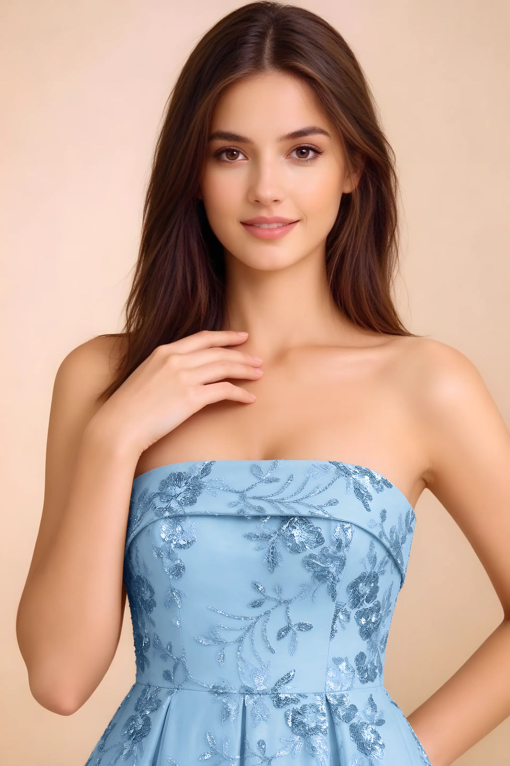 Close-up of Avis sky blue straight strapless neckline and floral sequin detailing
