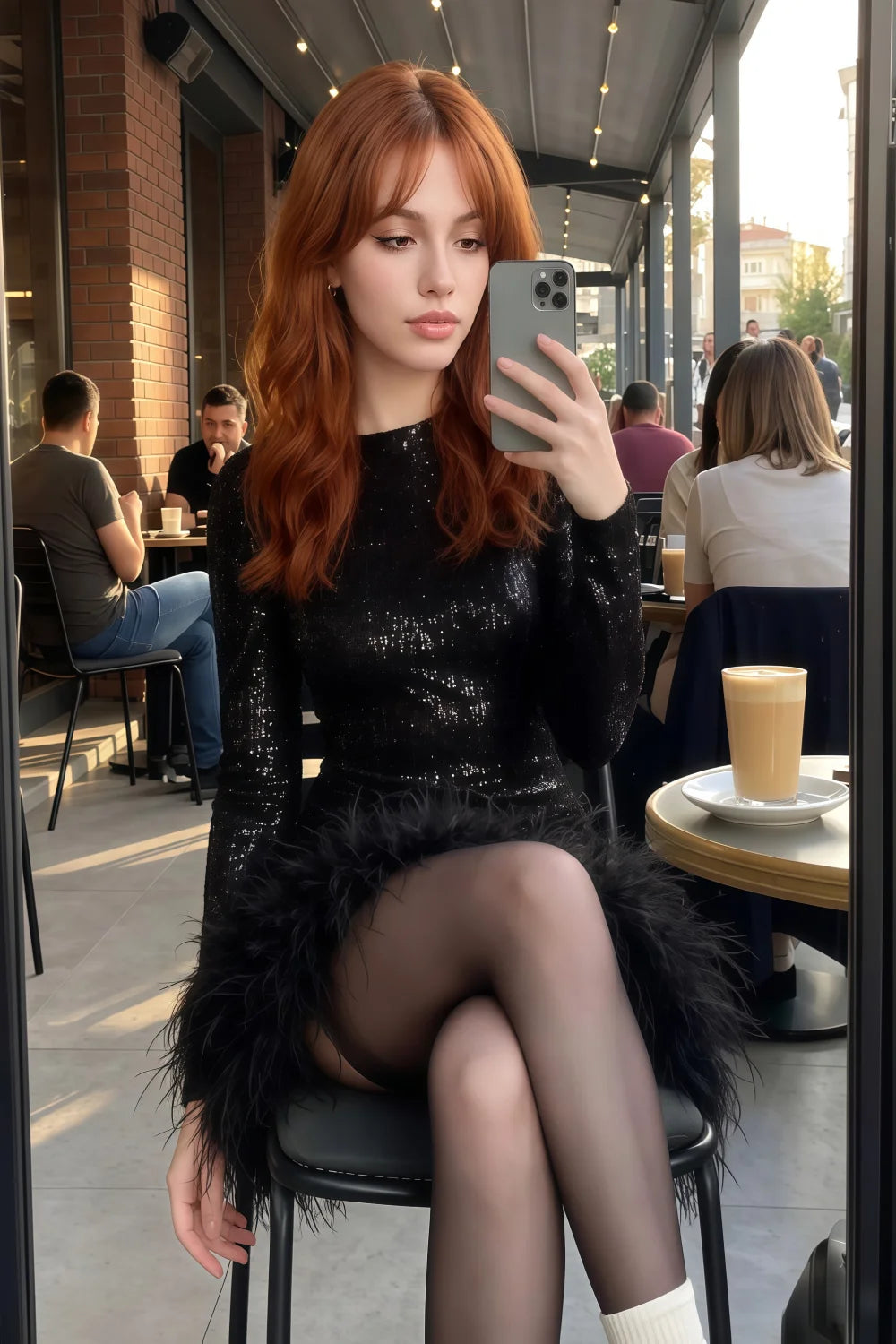 Barbara Black Sequin Feather Trim Mini Dress with Long Sleeves