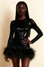 Barbara Black Sequin Feather Trim Mini Dress with Long Sleeves