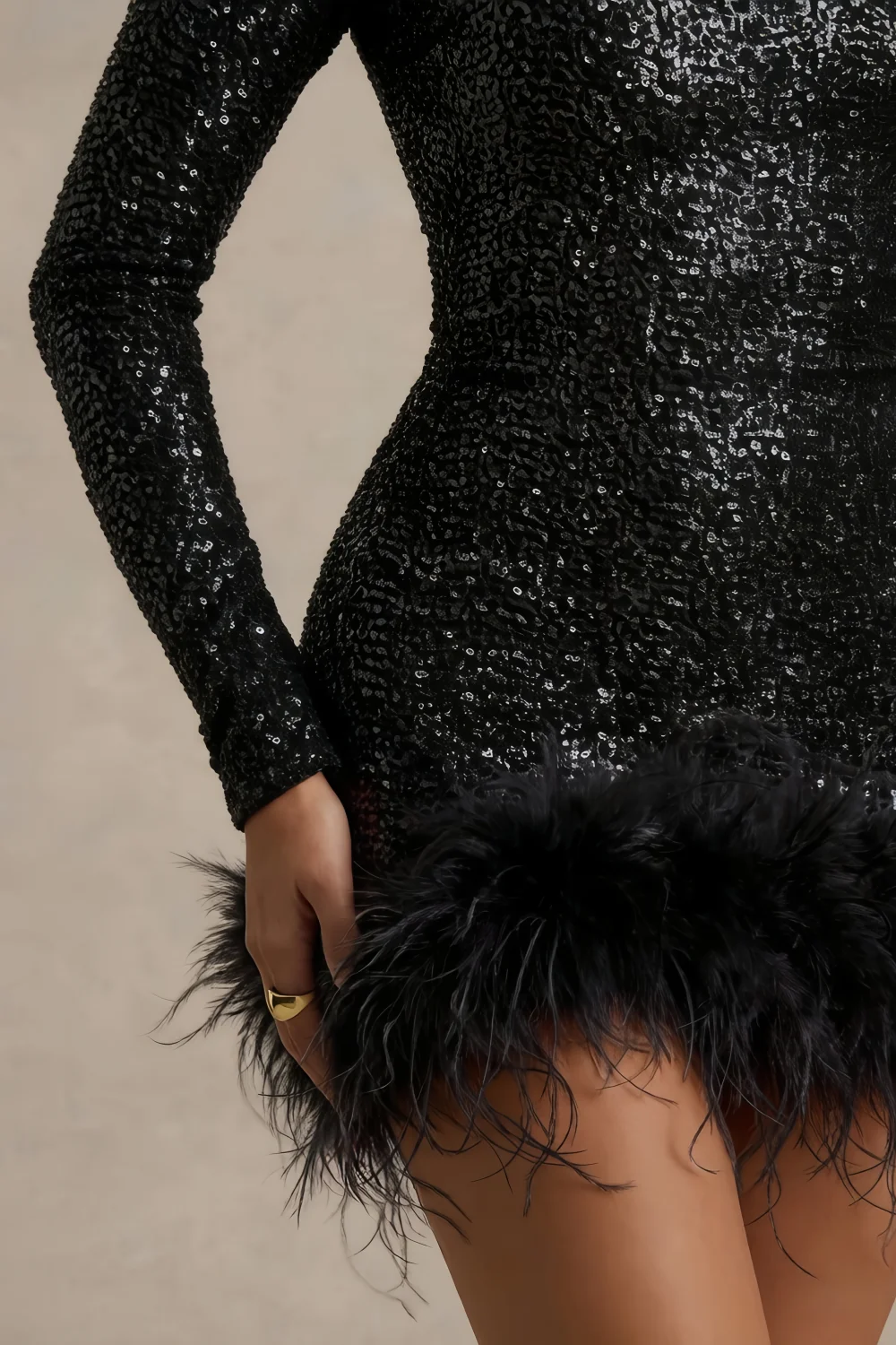 Barbara Black Sequin Feather Trim Mini Dress with Long Sleeves