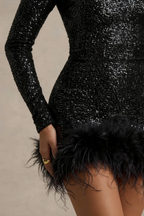 Barbara Black Sequin Feather Trim Mini Dress with Long Sleeves