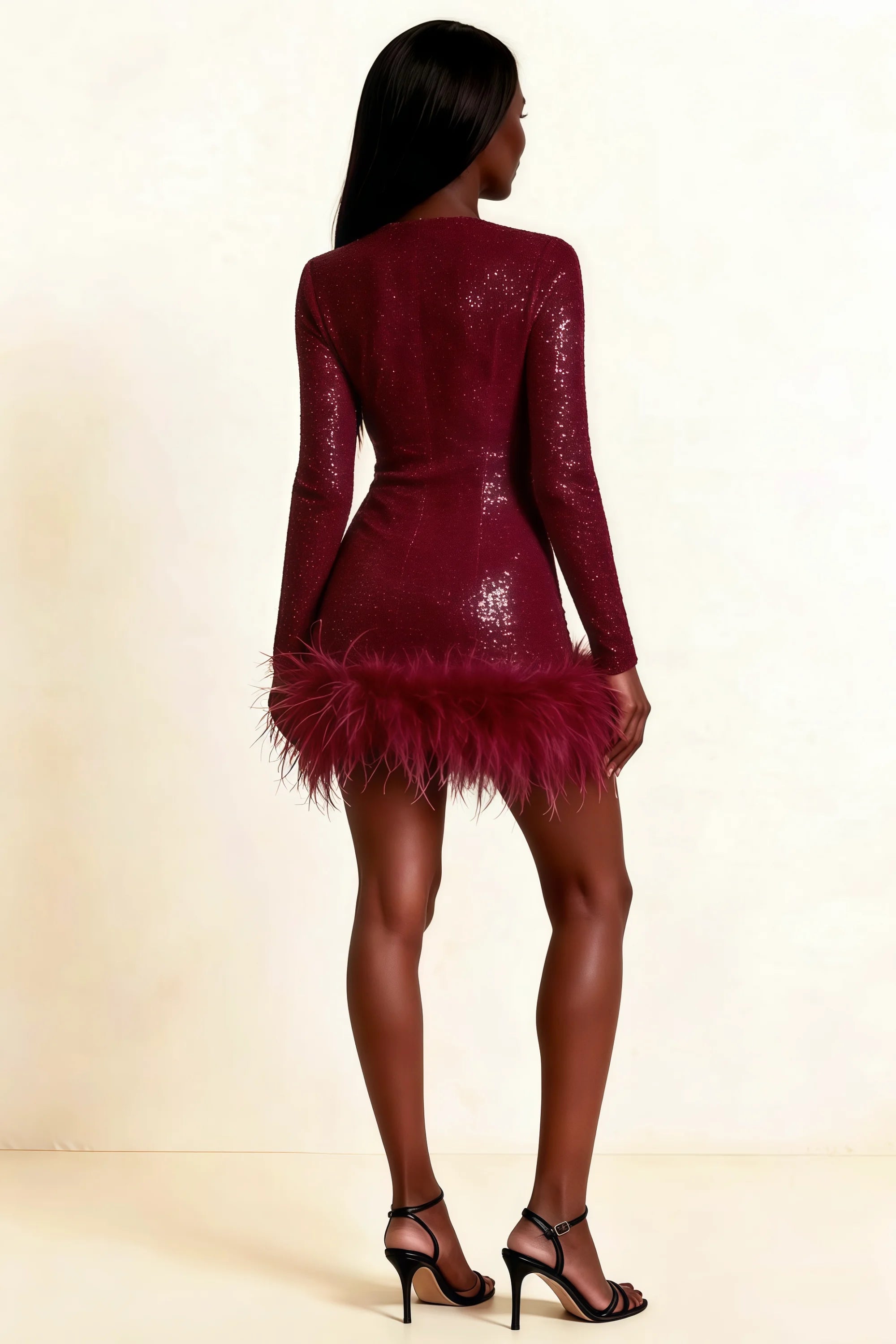 Barbara Burgundy Sequin Feather Trim Mini Dress with Long Sleeves Secondary image